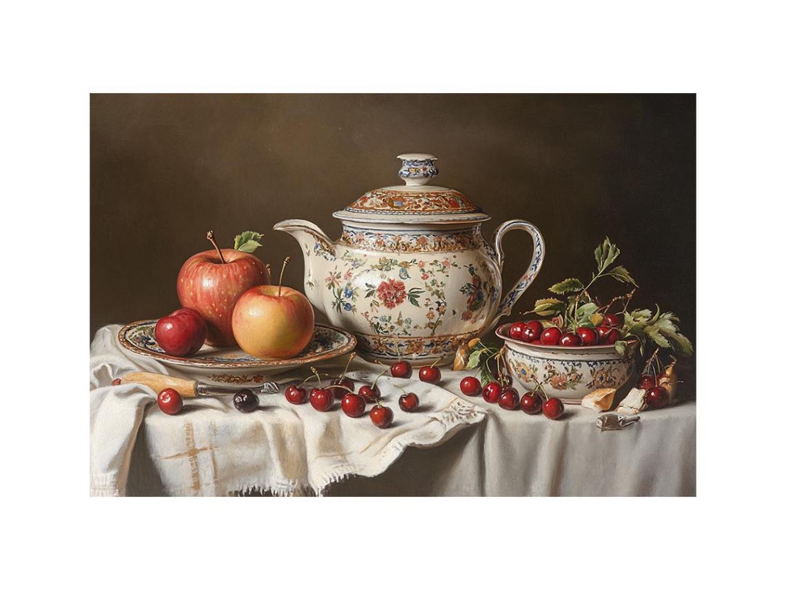 Classic still life artwork with porcelain teapot apples and cherries for elegant dining room decor