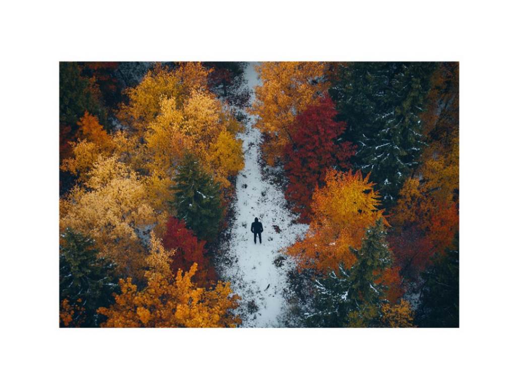 Aerial autumn forest canvas art with lone figure on path for modern living room decor.