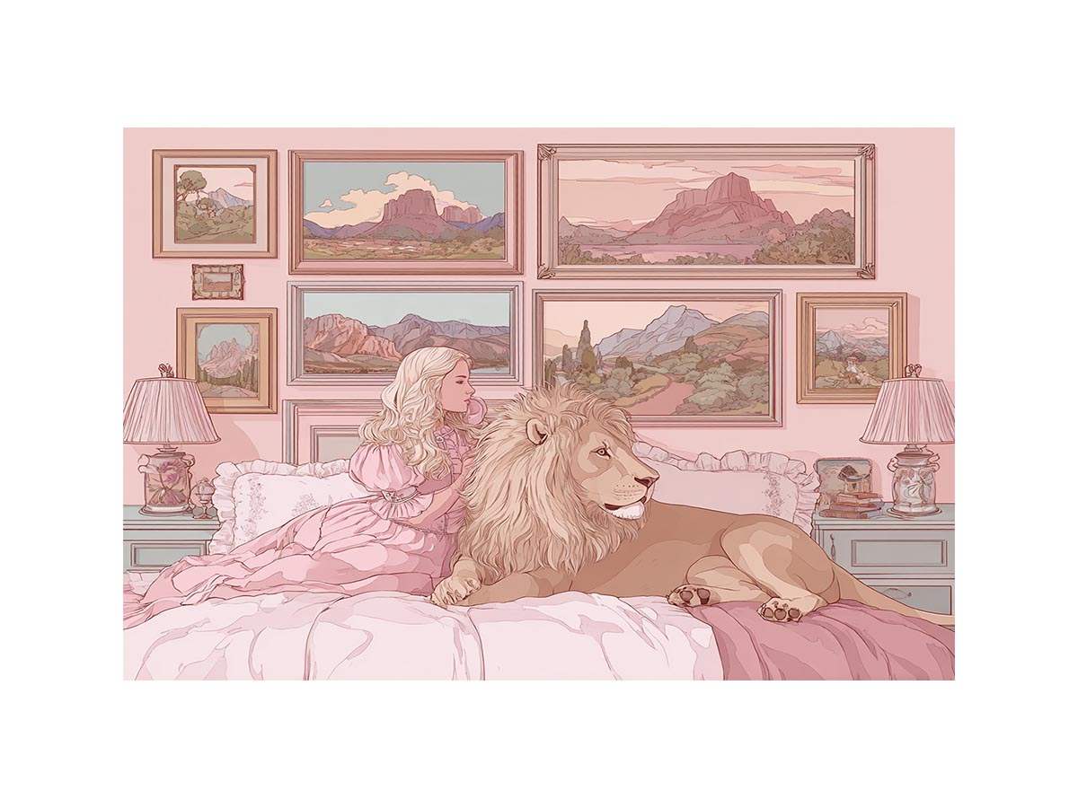 Pink fantasy girl and lion canvas art for whimsical kids bedroom decor.