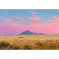 Golden wildflower desert landscape canvas art with pink sky for modern living room decor.