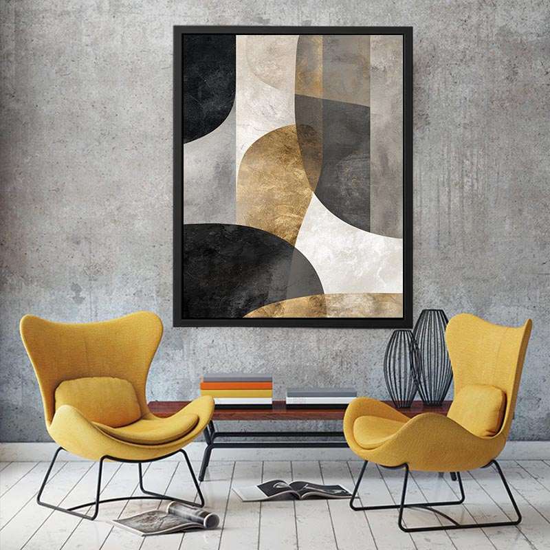 Neutral abstract canvas artwork styled with designer chairs in a luxury modern room