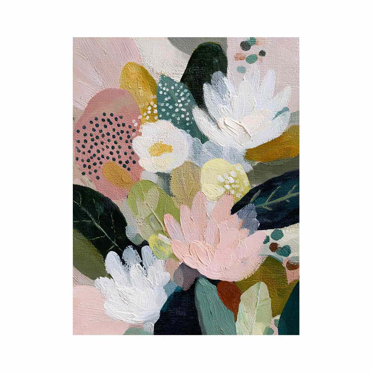 Soft abstract floral canvas art with blush flowers and green leaves for bedroom decor.