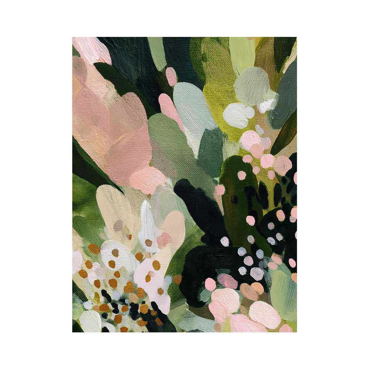 Sage green botanical canvas art with pink florals and leafy abstract details for bedroom decor.