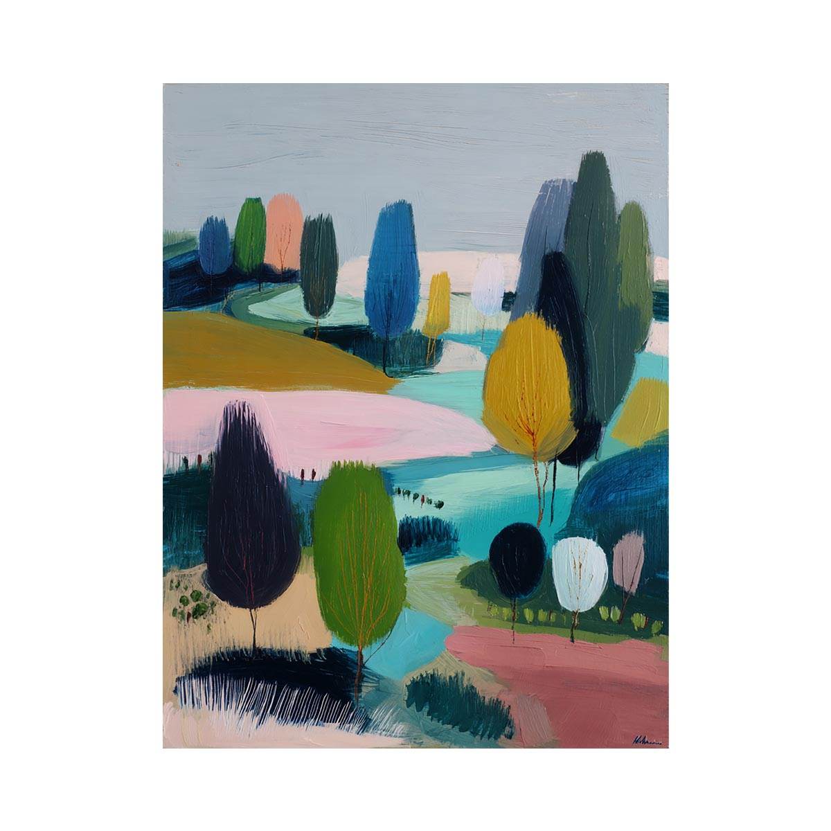 Modern abstract landscape canvas art with trees, river and soft blue green tones for living room decor.