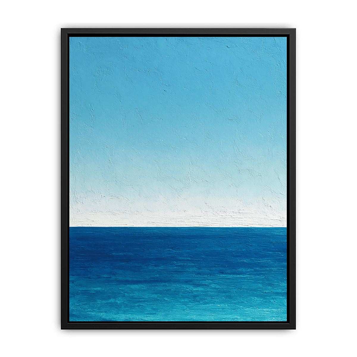 Minimalist blue ocean canvas art with calm horizon and textured sky for coastal bedroom decor.