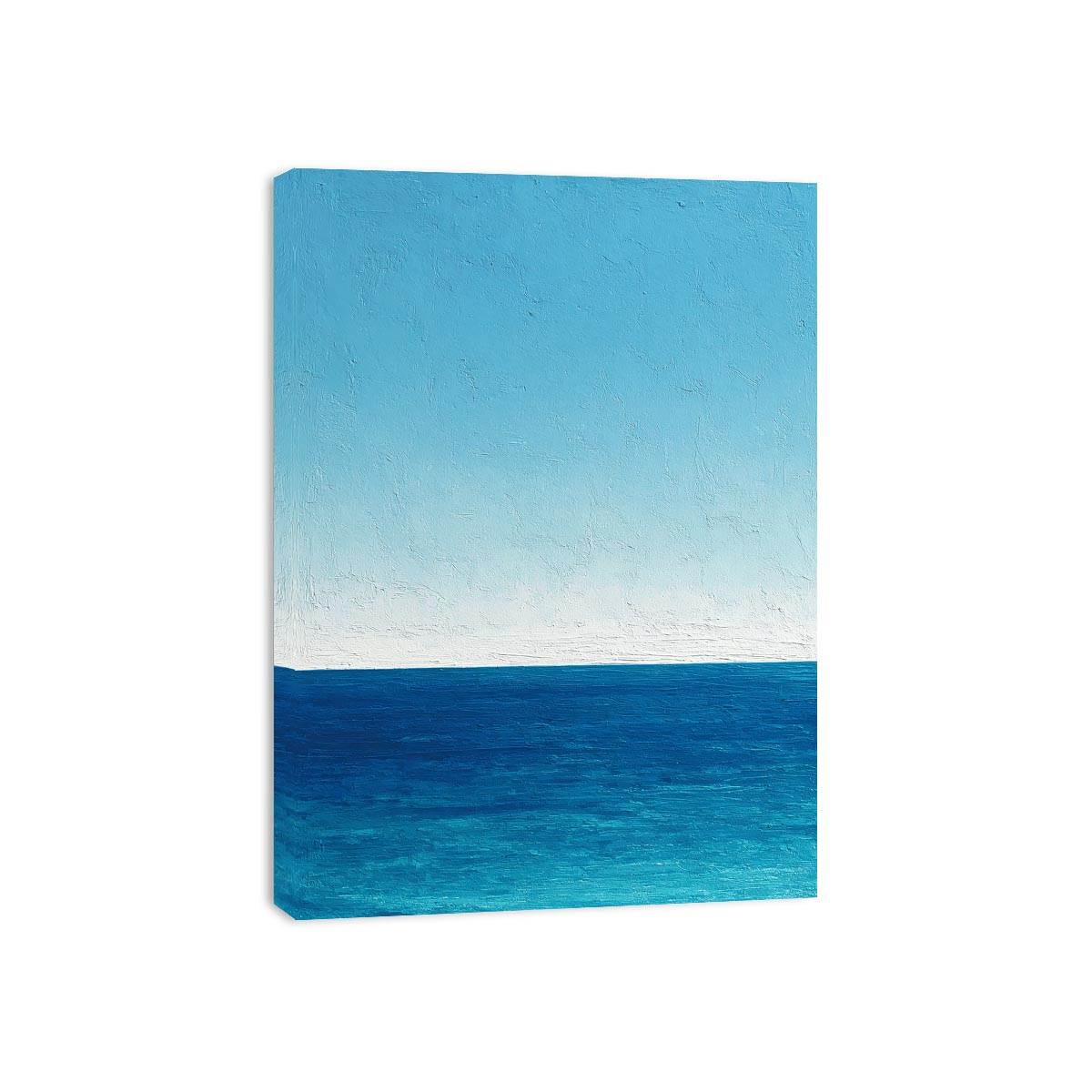 Minimalist blue ocean canvas art with calm horizon and textured sky for coastal bedroom decor.