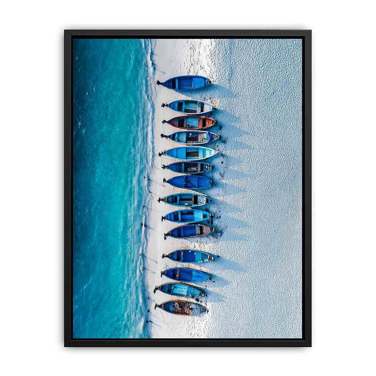 Aerial boats on white sand coastal photography for beach house decor