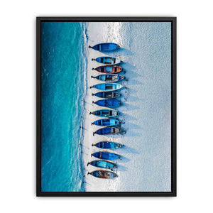 Aerial boats on white sand coastal photography for beach house decor