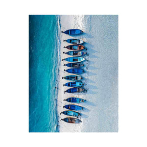 Aerial boats on white sand coastal photography for beach house decor