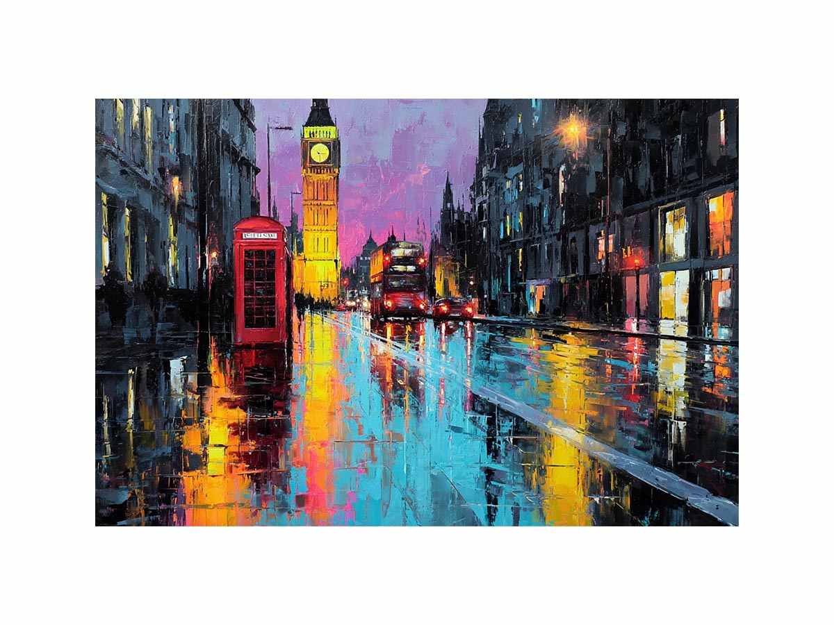 Rainy London canvas art with Big Ben and red phone booth for office decor.