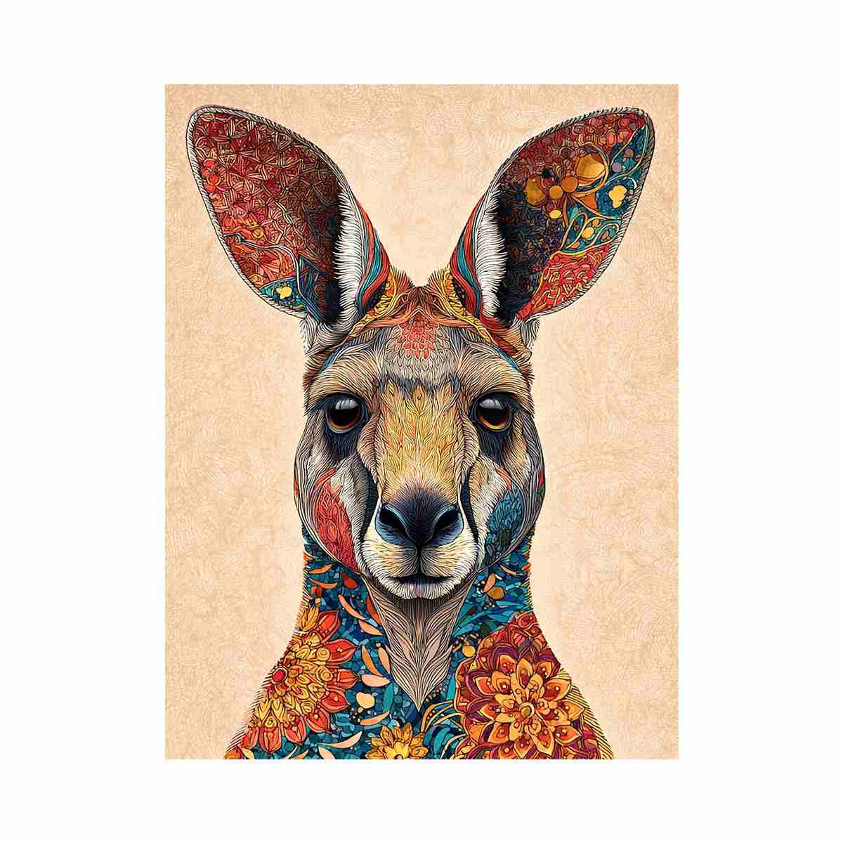 Decorative kangaroo artwork with colorful botanical patterns for modern living room decor.