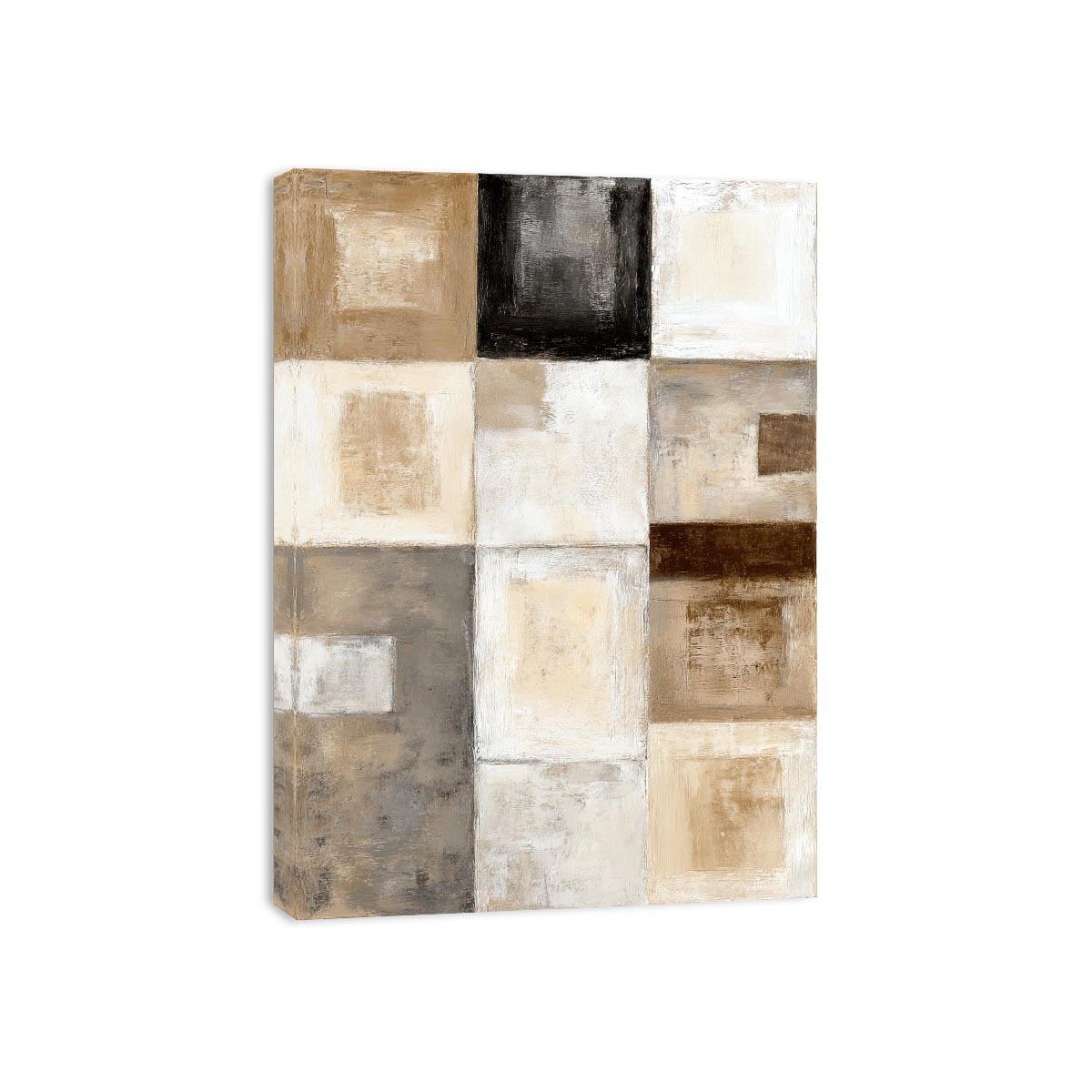Neutral geometric abstract canvas art with textured blocks for modern office or living room decor.