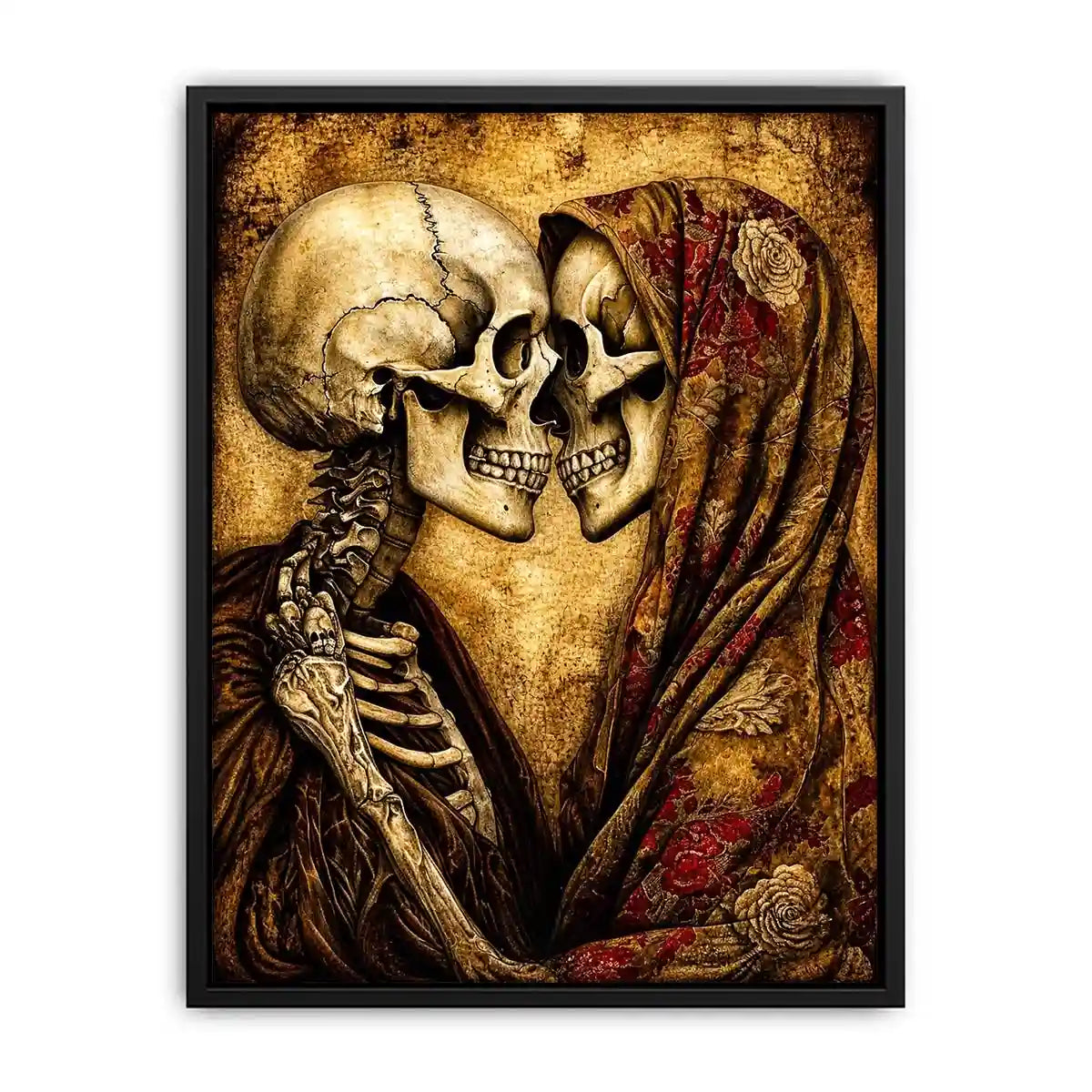 Intimate embrace of skeletons in sepia