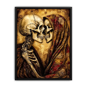 Intimate embrace of skeletons in sepia