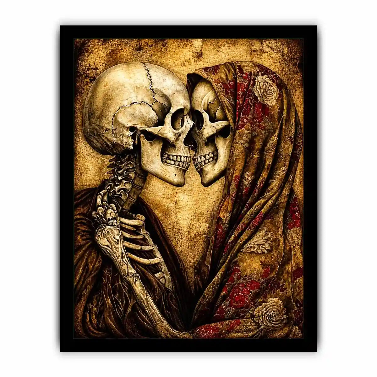 Intimate embrace of skeletons in sepia