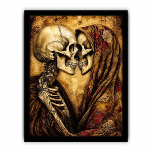 Intimate embrace of skeletons in sepia