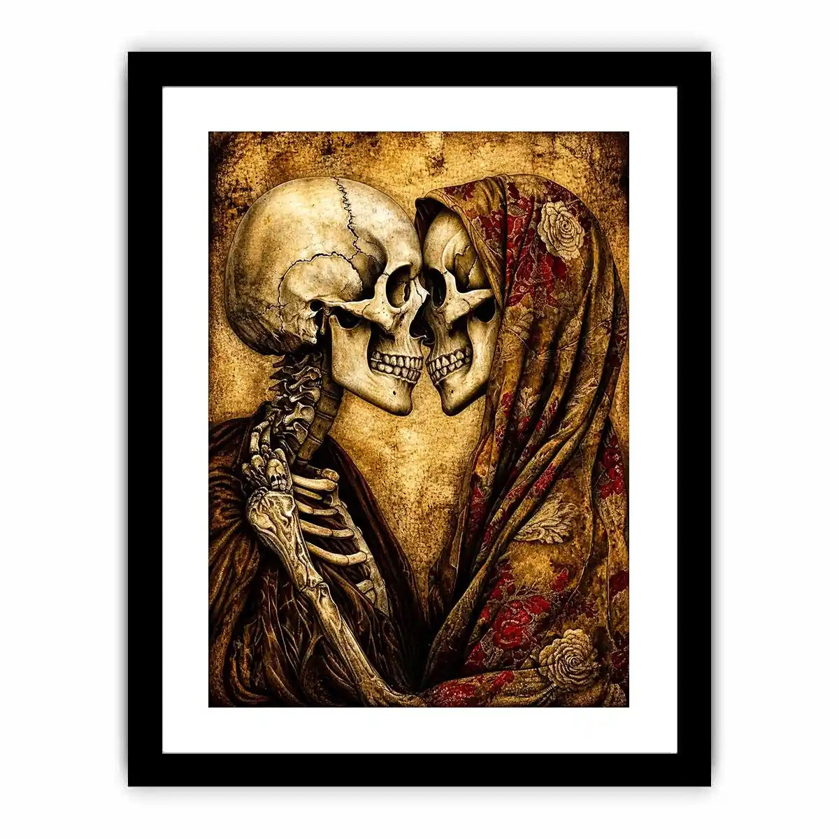 Intimate embrace of skeletons in sepia