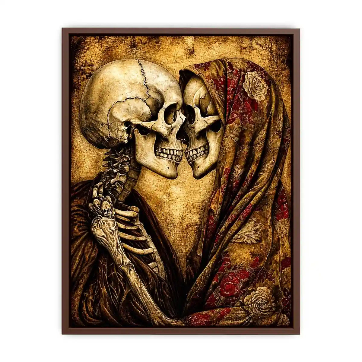 Intimate embrace of skeletons in sepia