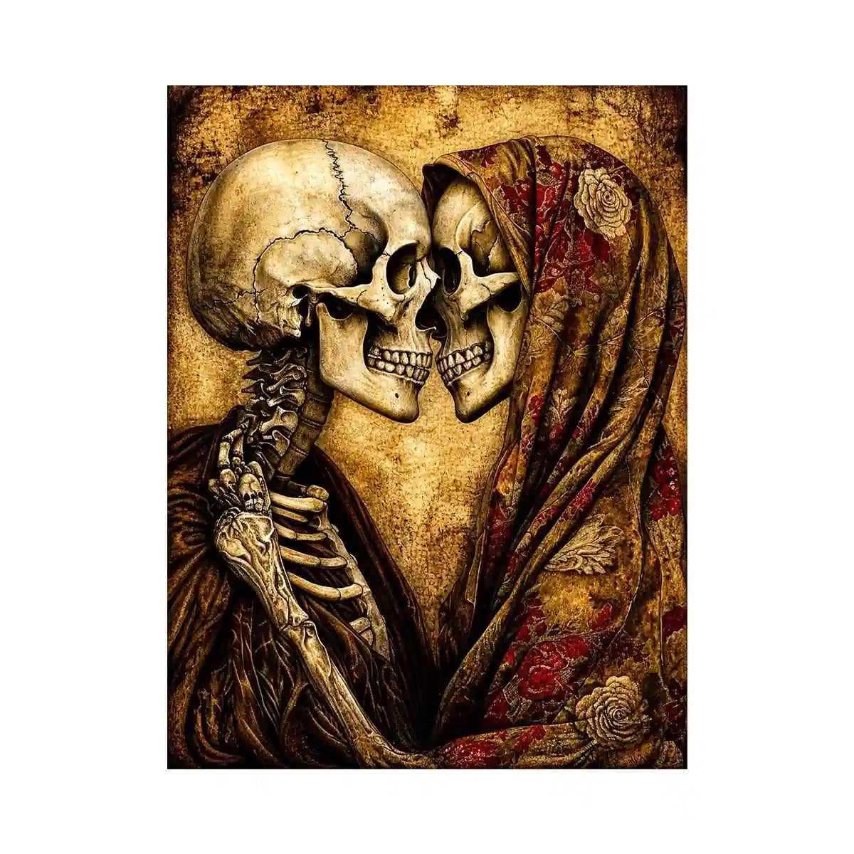 Intimate embrace of skeletons in sepia