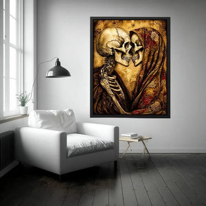 Intimate embrace of skeletons in sepia