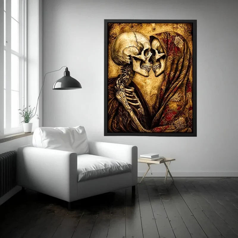 Intimate embrace of skeletons in sepia