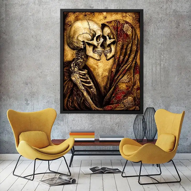 Intimate embrace of skeletons in sepia