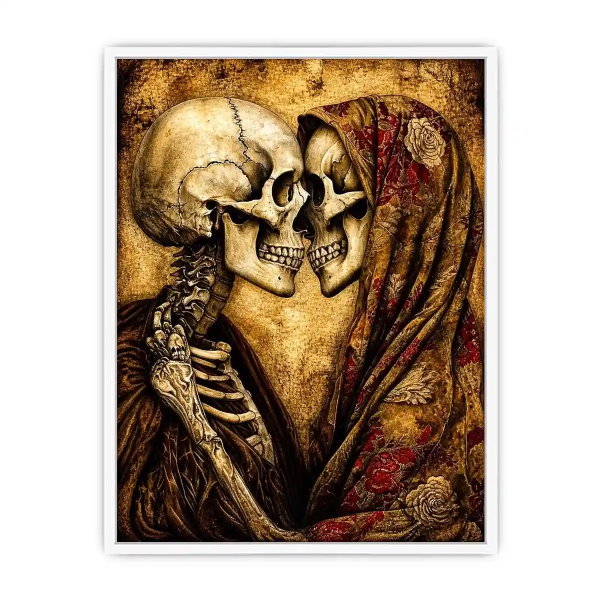 Intimate embrace of skeletons in sepia