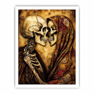 Intimate embrace of skeletons in sepia