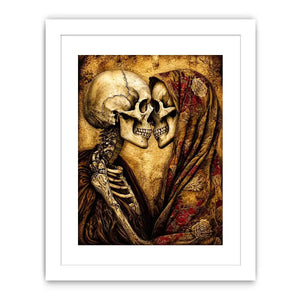 Intimate embrace of skeletons in sepia