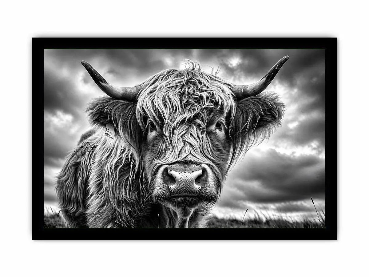 Highland cow in a stormy field