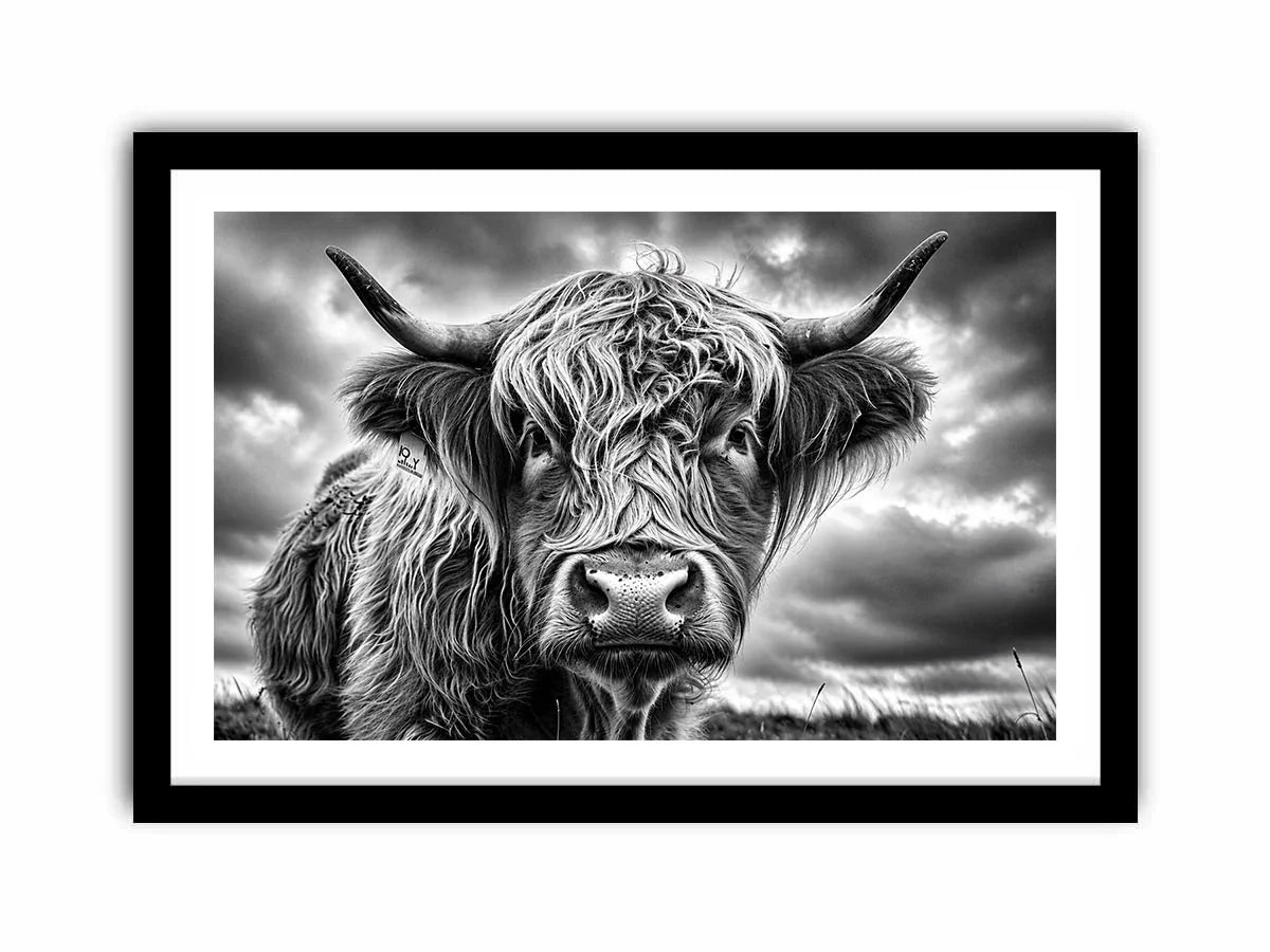 Highland cow in a stormy field