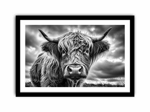 Highland cow in a stormy field