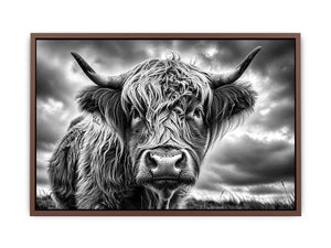 Highland cow in a stormy field
