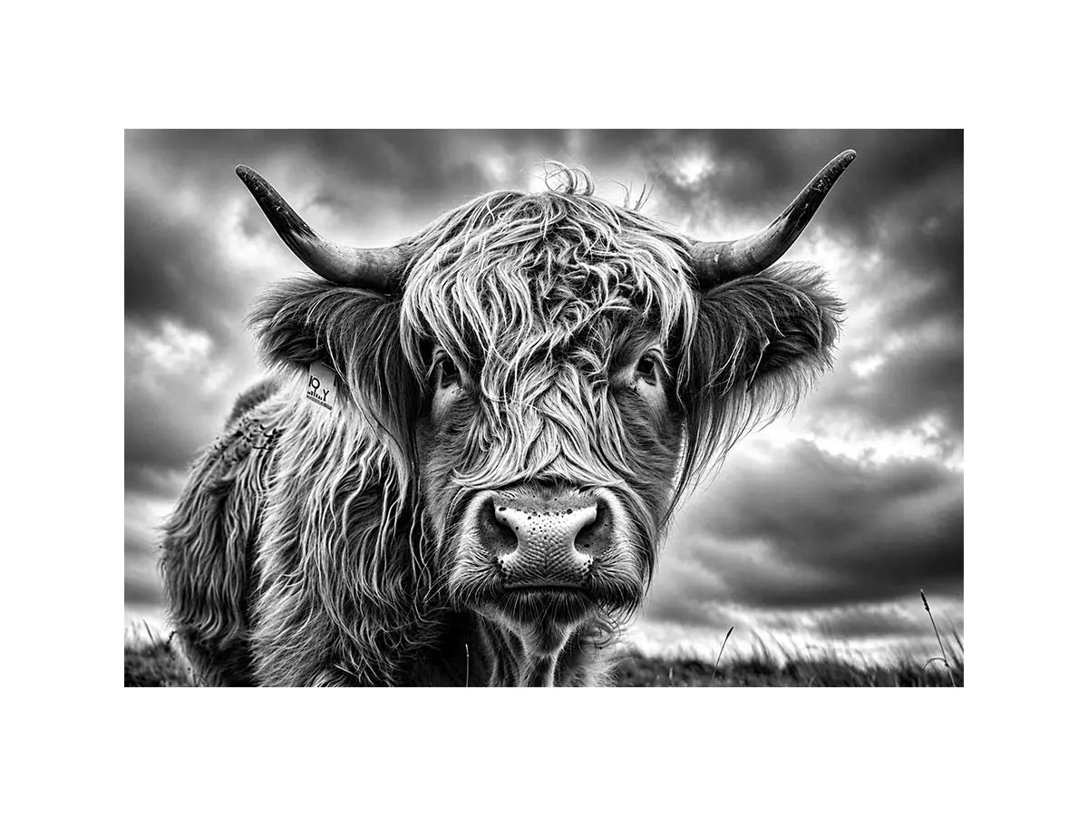 Highland cow in a stormy field