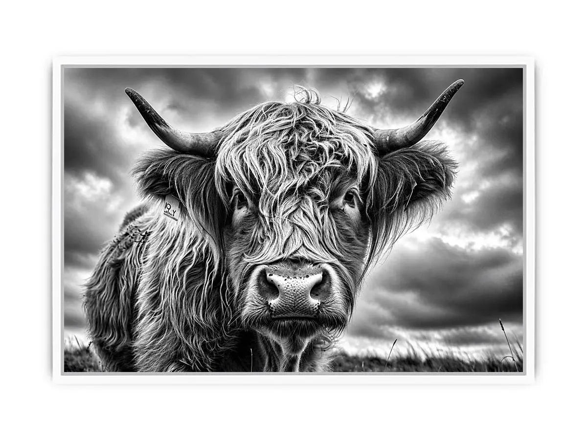 Highland cow in a stormy field