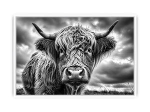 Highland cow in a stormy field