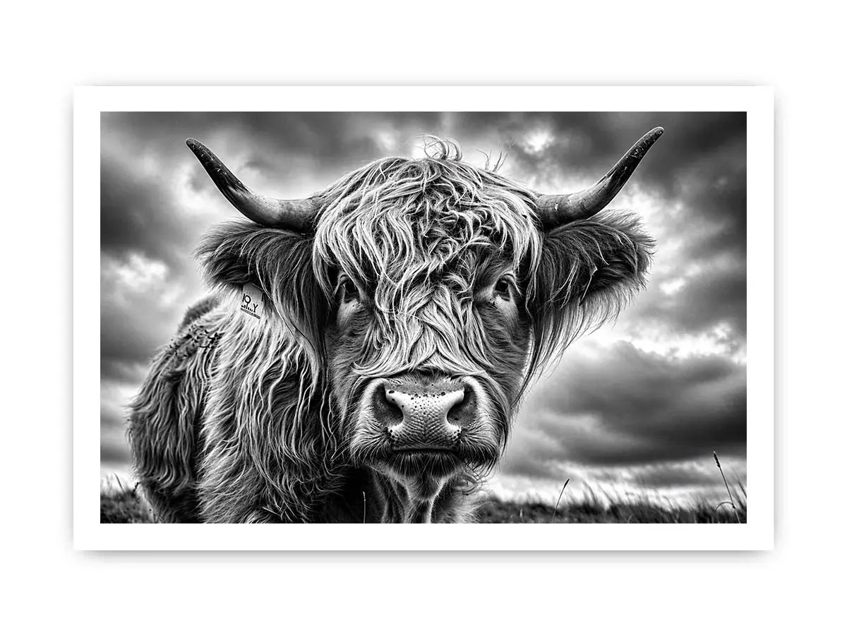 Highland cow in a stormy field