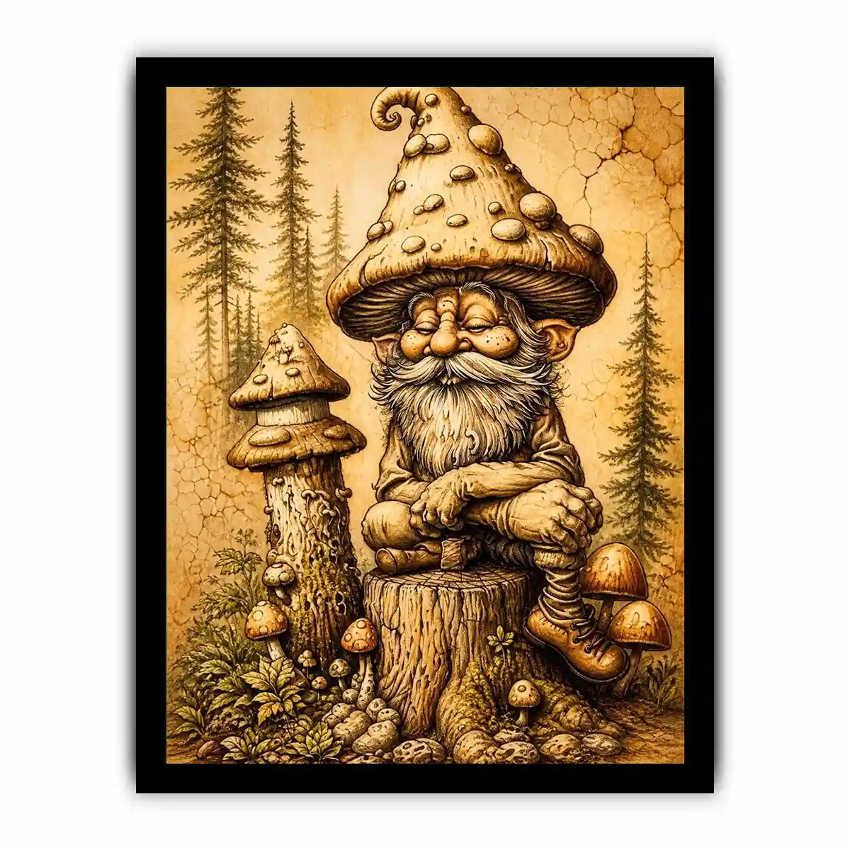 Cozy gnome in a magical woodland