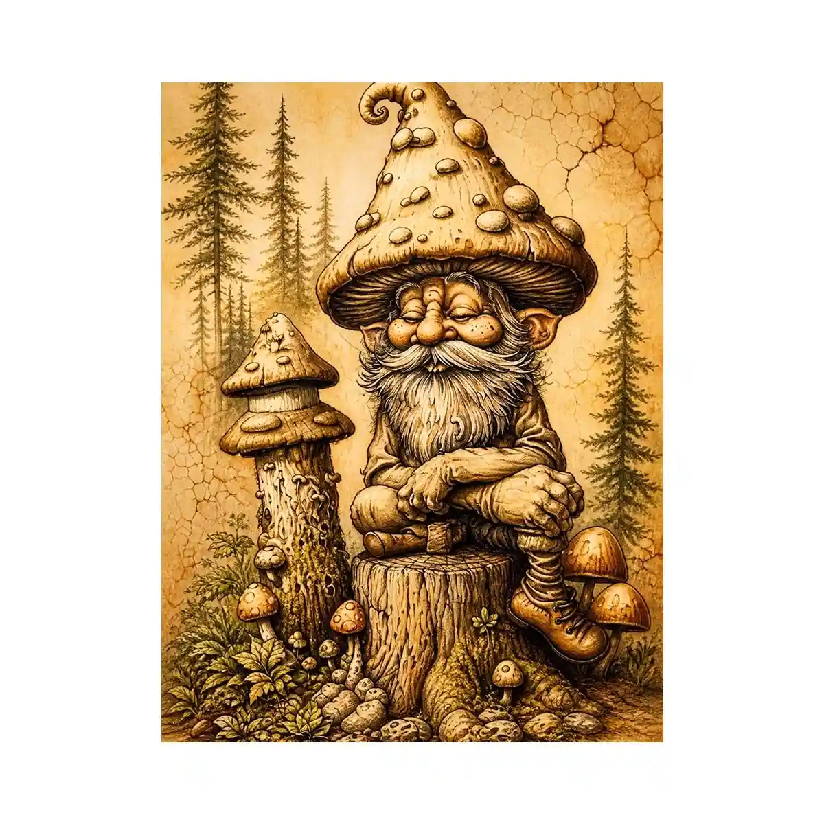 Cozy gnome in a magical woodland