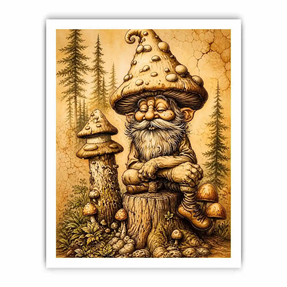 Cozy gnome in a magical woodland