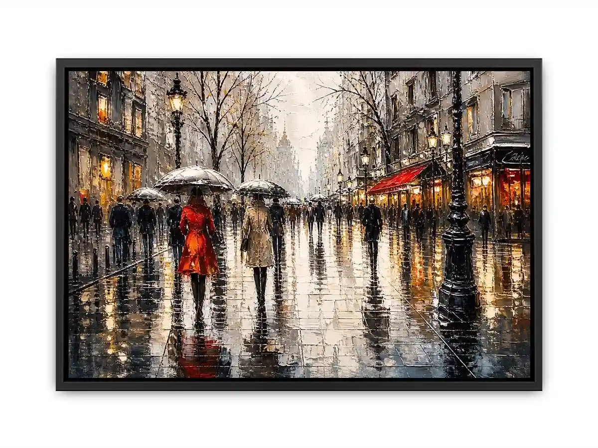 A rainy boulevard with warm lights