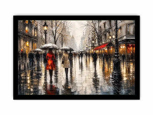 A rainy boulevard with warm lights