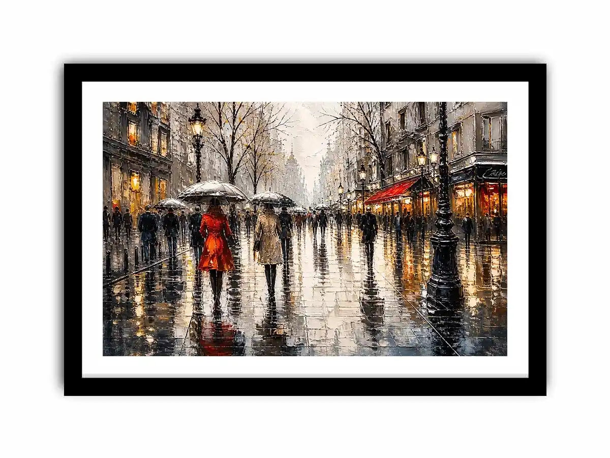 A rainy boulevard with warm lights