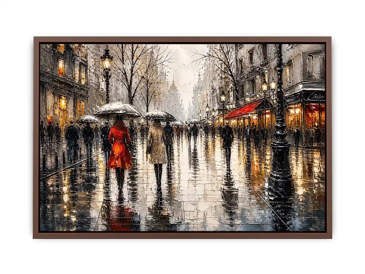 A rainy boulevard with warm lights