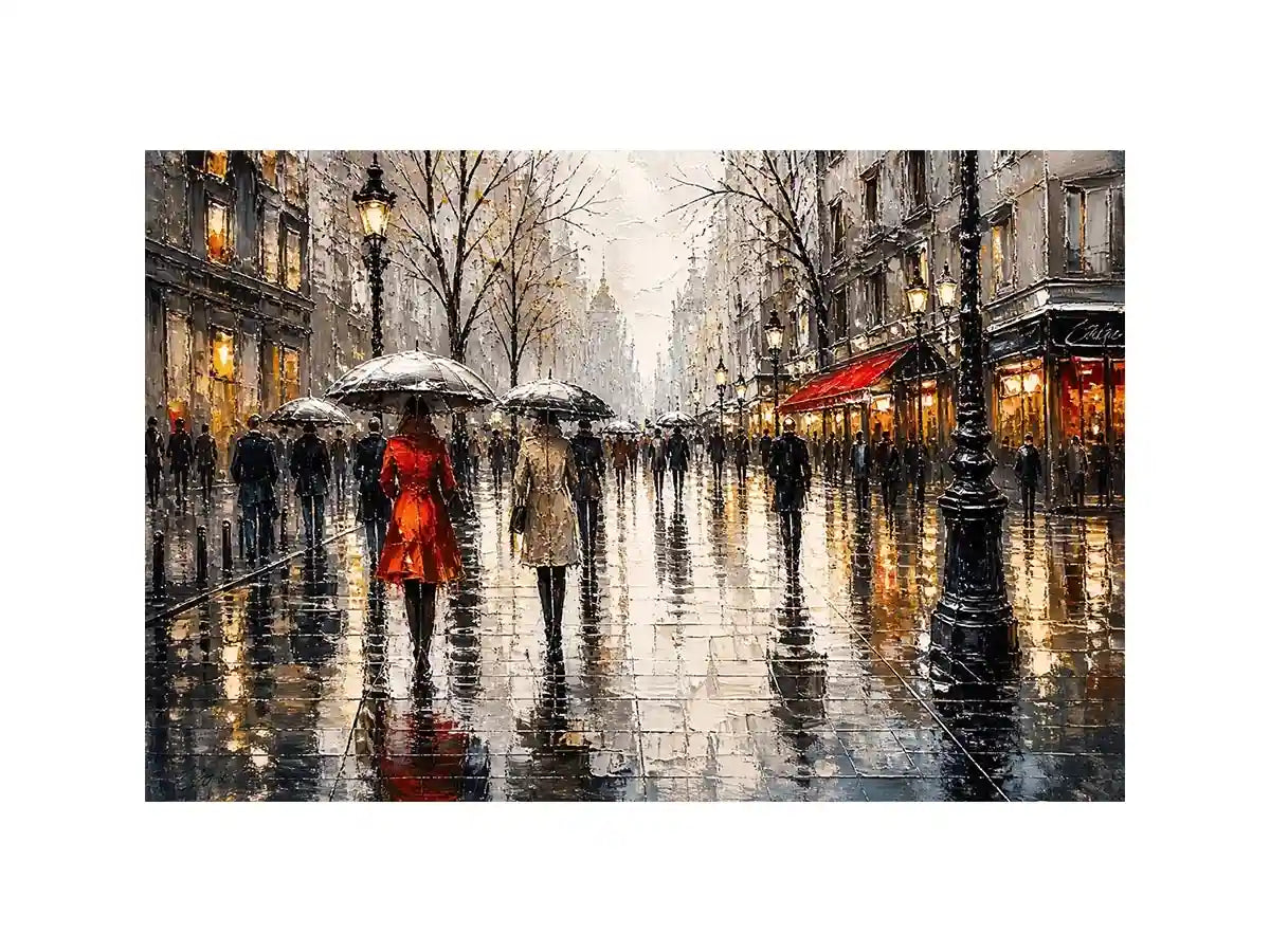 A rainy boulevard with warm lights