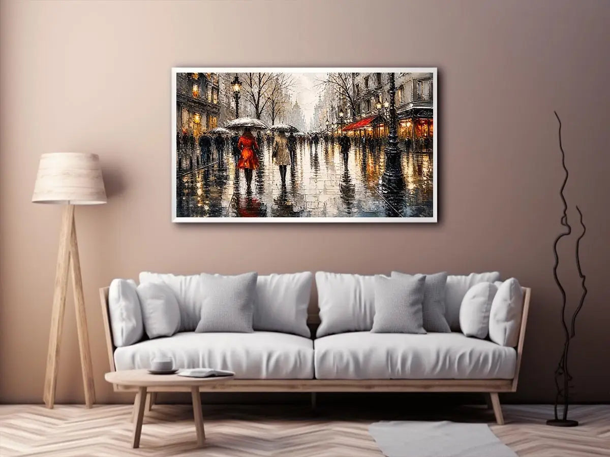 A rainy boulevard with warm lights