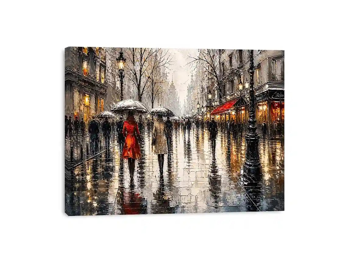 A rainy boulevard with warm lights