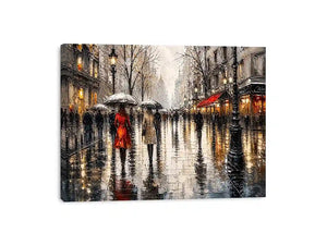 A rainy boulevard with warm lights