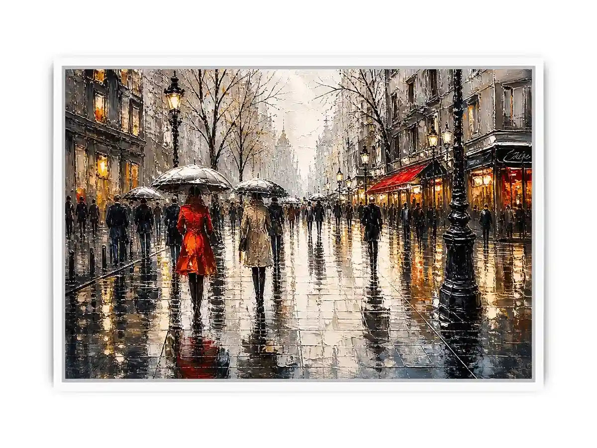 A rainy boulevard with warm lights