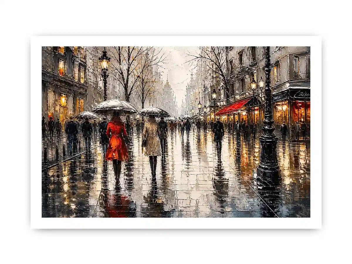 A rainy boulevard with warm lights